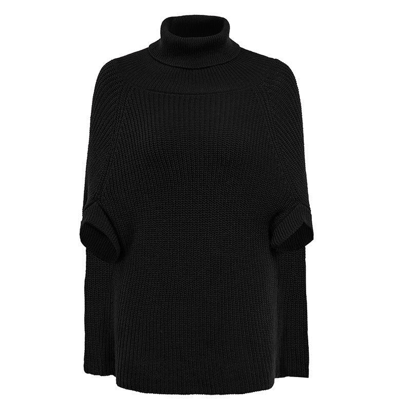 Damstickad Poncho med Polokrage och Cape-Ärmar