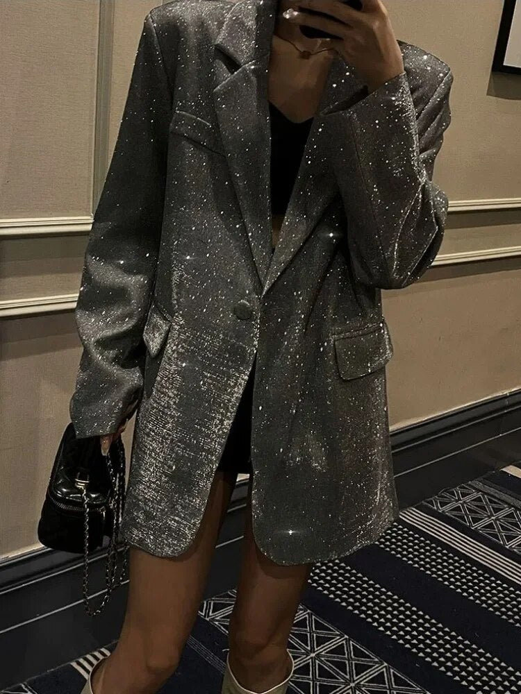 Dam Glitterblazer med Skärp och Klassisk Revärkrage