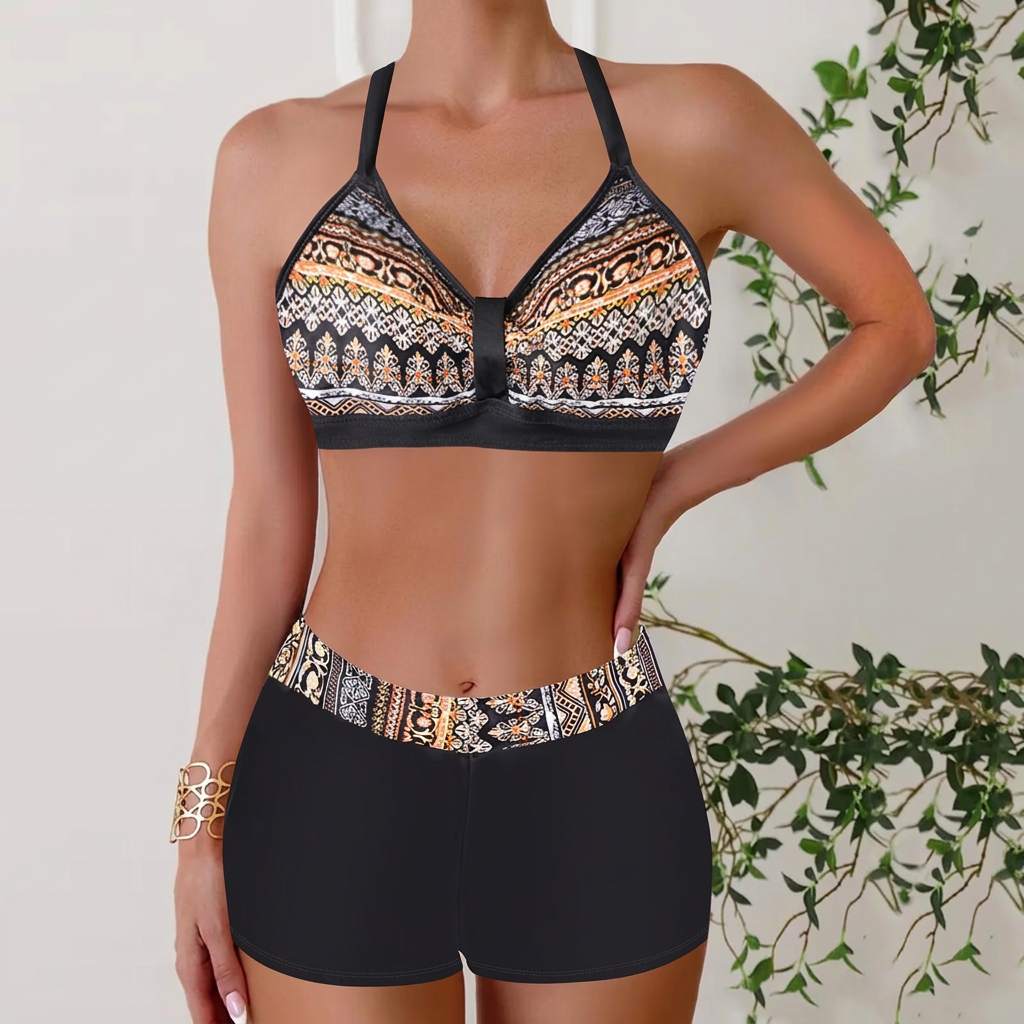 Janelle - Rutig Halterneckbikini med Boyshorts