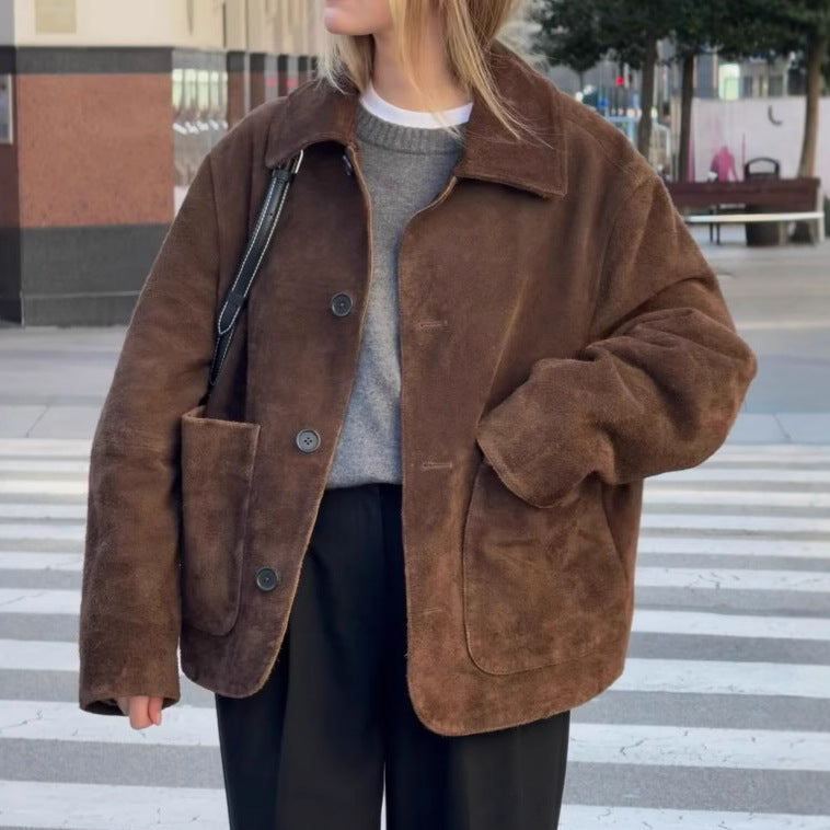 Dam Oversized Jacka med Knappar och Stora Fickor