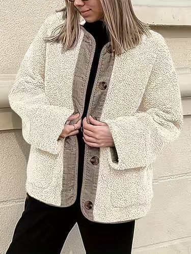 Dam Oversized Teddyjacka med Knäppning för Vardagsbruk