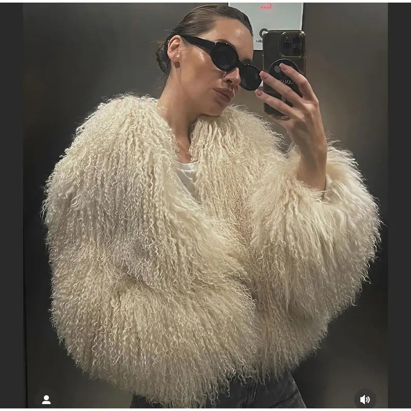 Fluffig Fuskpälsjacka med Hög Krage för Vinter
