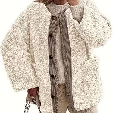 Dam Oversized Teddyjacka med Knäppning för Vardagsbruk