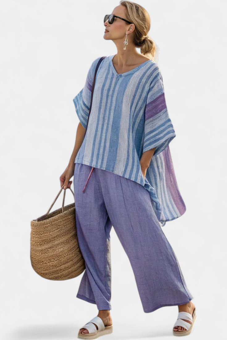 Zellora | Elegant Lavendel & Himmelblå Topp & Linbyxor