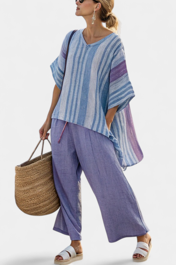 Zellora | Elegant Lavendel & Himmelblå Topp & Linbyxor