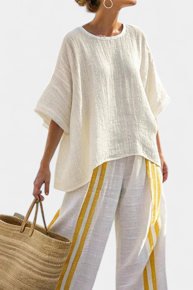 Anselor | Elegant Gulrandig Linne Topp & Vida Byxor