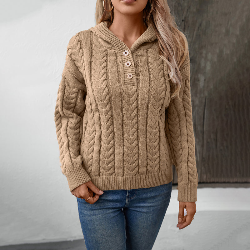 Dam Tröja med Kabelstickad Design och Huva