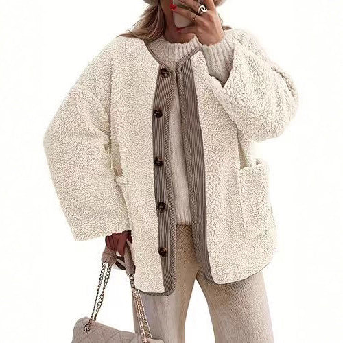Dam Oversized Teddyjacka med Knäppning för Vardagsbruk