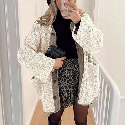 Dam Oversized Teddyjacka med Knäppning för Vardagsbruk