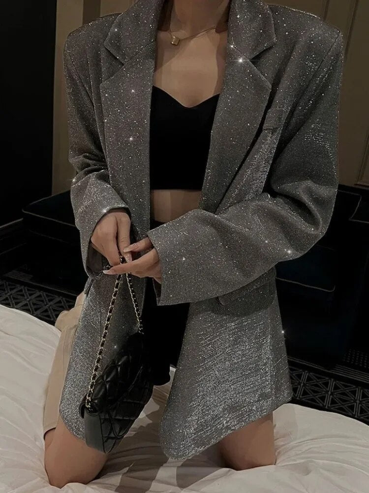 Dam Glitterblazer med Skärp och Klassisk Revärkrage