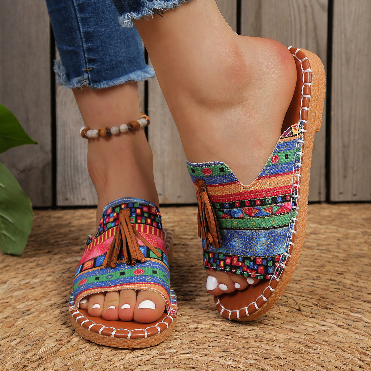 Aria | Damens Slide Sandaler Öppen Tå Fringed Bohemisk Platt