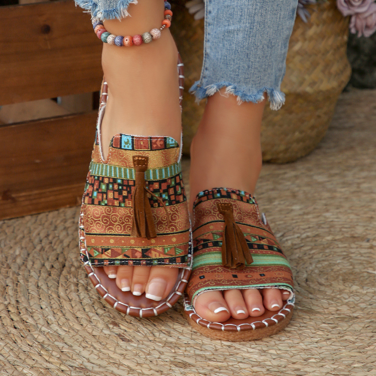 Aria | Damens Slide Sandaler Öppen Tå Fringed Bohemisk Platt