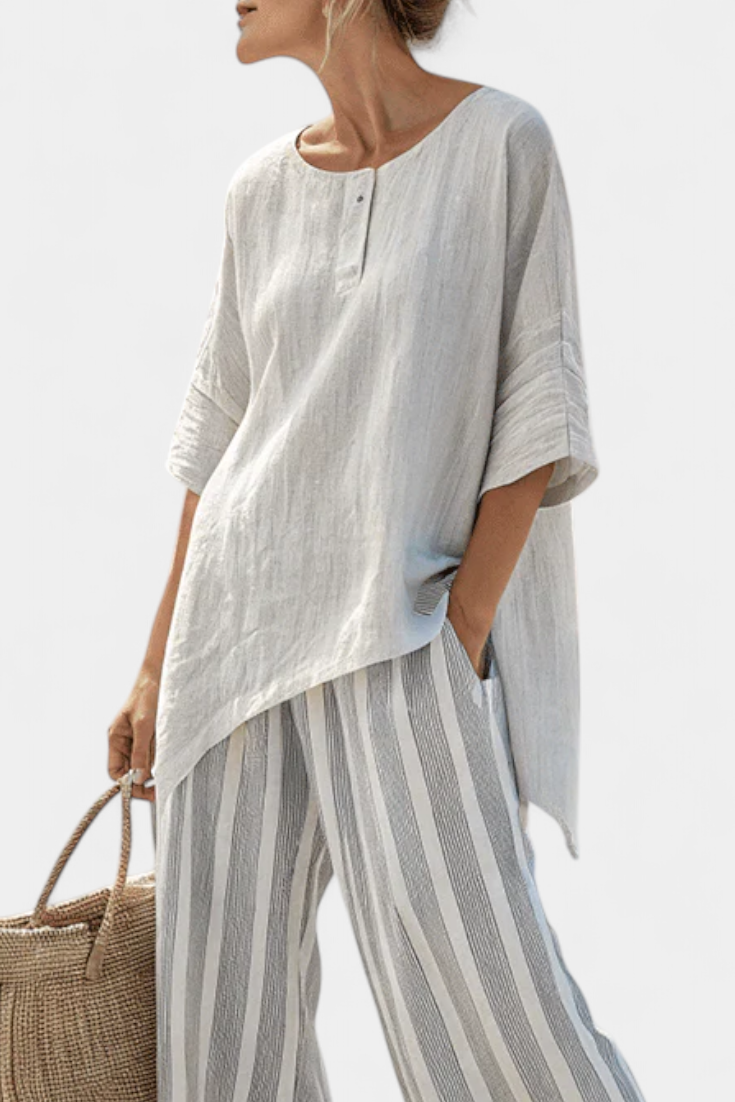 Talvora | Elegant Asymmetrisk Blus & Randiga Byxor