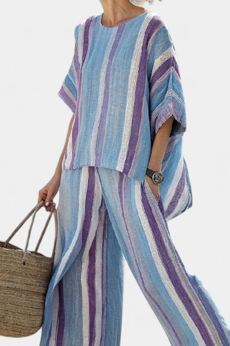 Faelith | Elegant Mauve Pastell Topp & Randiga Linnebyxor