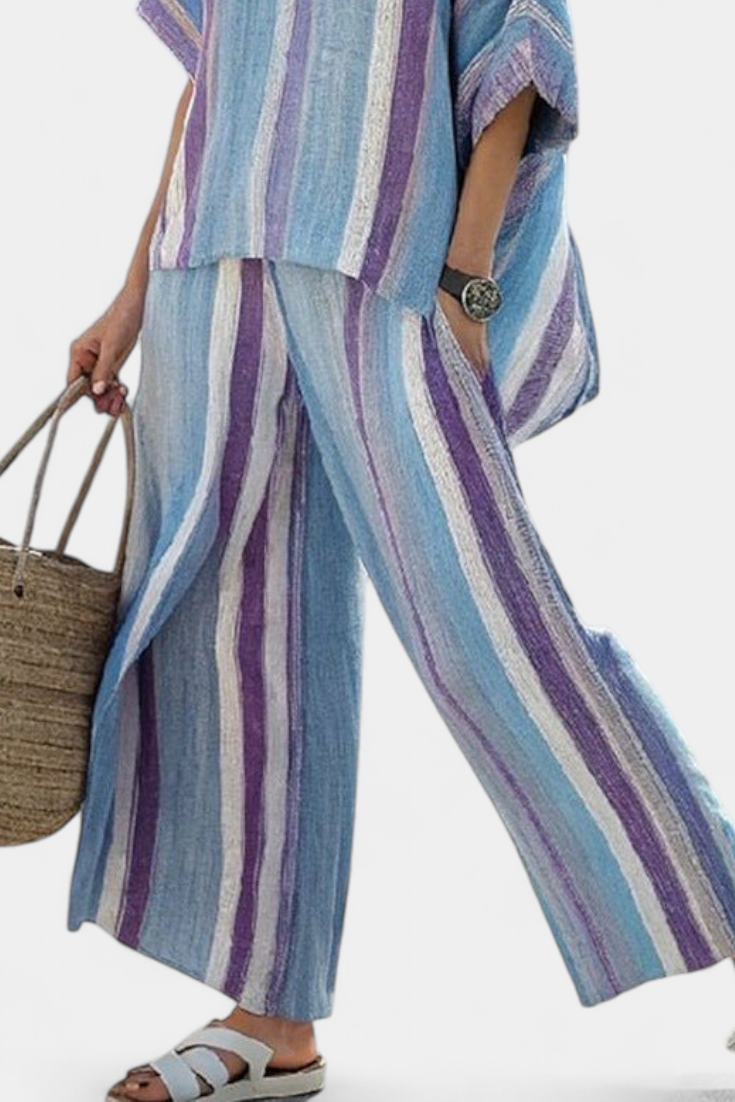 Faelith | Elegant Mauve Pastell Topp & Randiga Linnebyxor