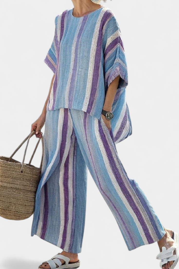 Faelith | Elegant Mauve Pastell Topp & Randiga Linnebyxor