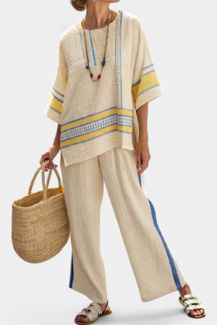 Jaxmere | Bekväm Blå-Gul Medelhavstop & Linbyxor