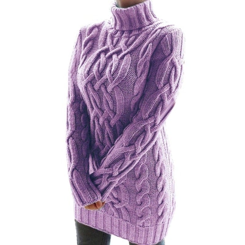 Grovstickad Turtleneck-Tröja med Kabelstickad Struktur