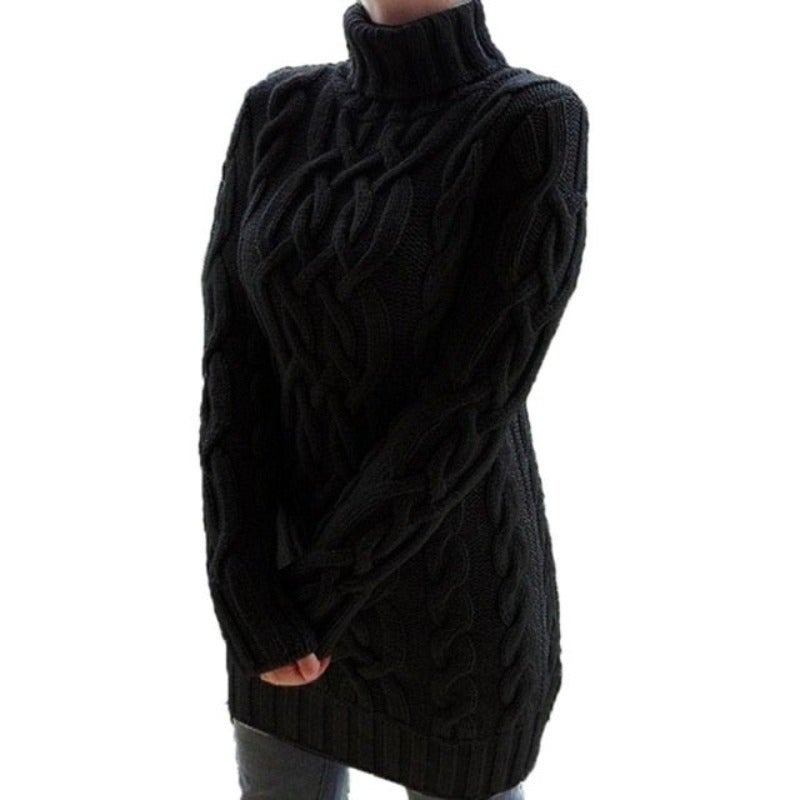 Grovstickad Turtleneck-Tröja med Kabelstickad Struktur