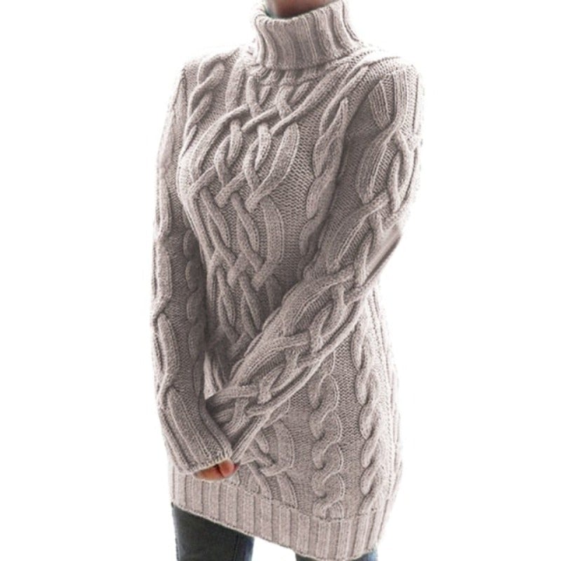 Grovstickad Turtleneck-Tröja med Kabelstickad Struktur